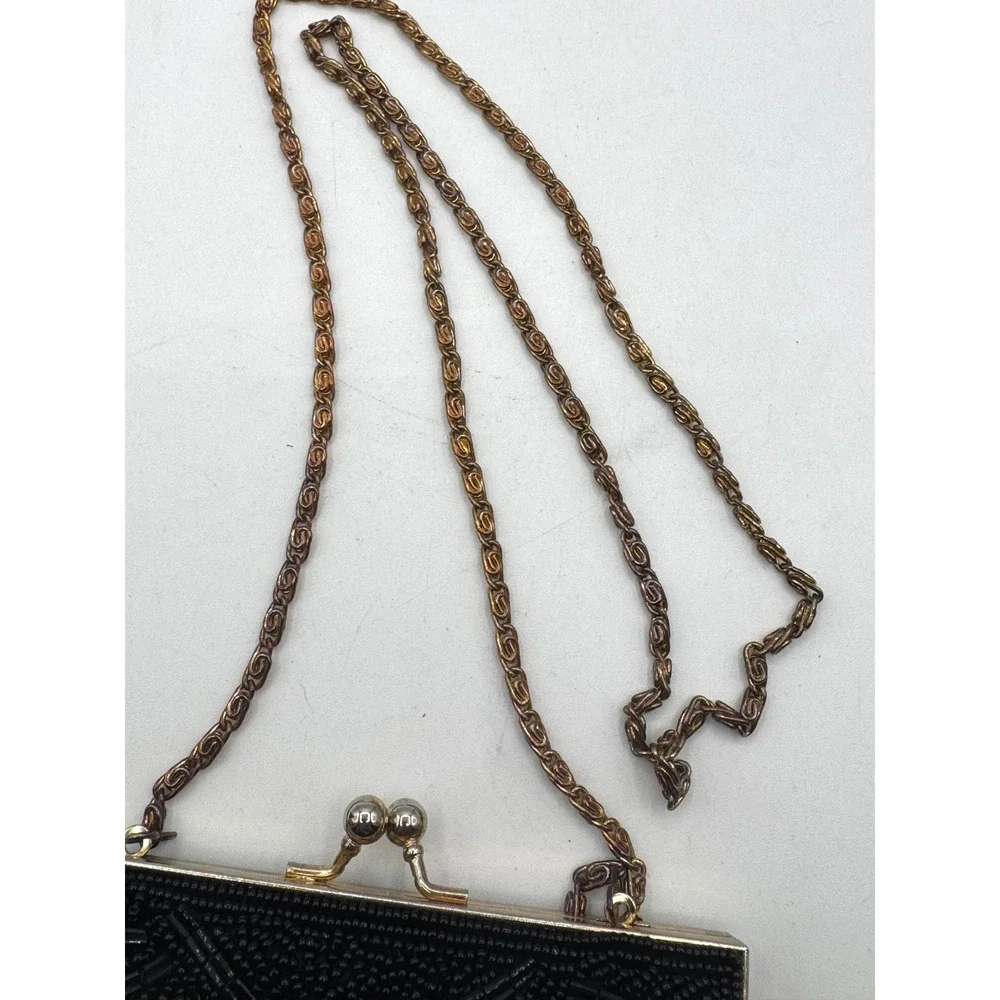 Walborg Vintage Black Beaded Shell Clutch Evening Bag Gold Chain Strap Hong Kong